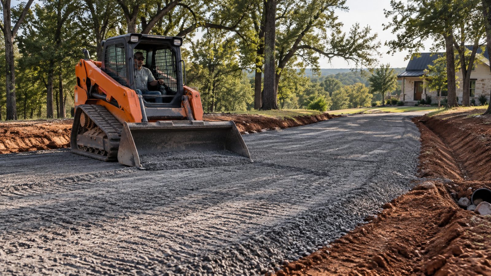 Compact track loader preparing the base for a driveway